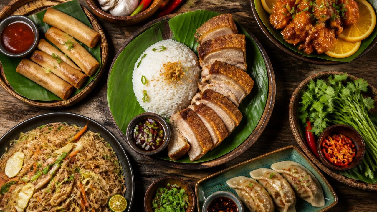 A colorful spread of Filipino Asian fusion dishes including pork belly, lumpia, pancit, and dumplings